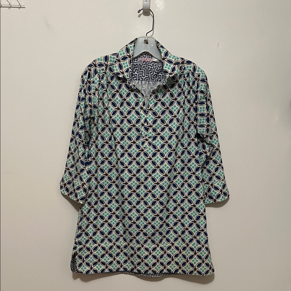 Geometric Patterned Tunic Top - Blue and Green
